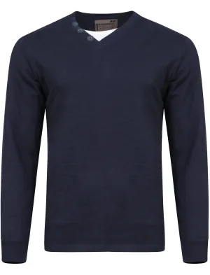 Cyril V Neck Mock Insert Cotton Ribbed Top in Navy - Dissident