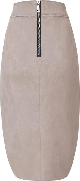 Giolshon Women's Pencil Skirt High Waist Bodycon Faux Suede Side Split Knee Length