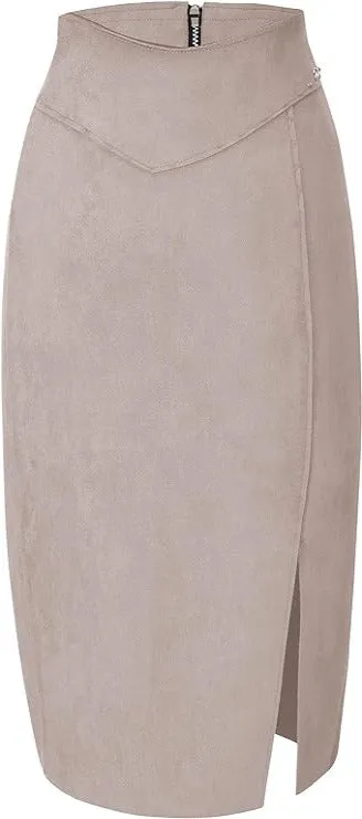 Giolshon Women's Pencil Skirt High Waist Bodycon Faux Suede Side Split Knee Length
