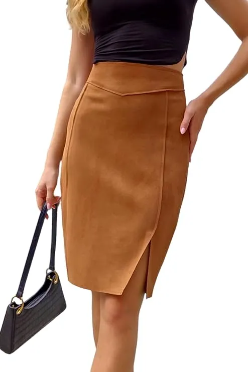 Giolshon Women's Pencil Skirt High Waist Bodycon Faux Suede Side Split Knee Length