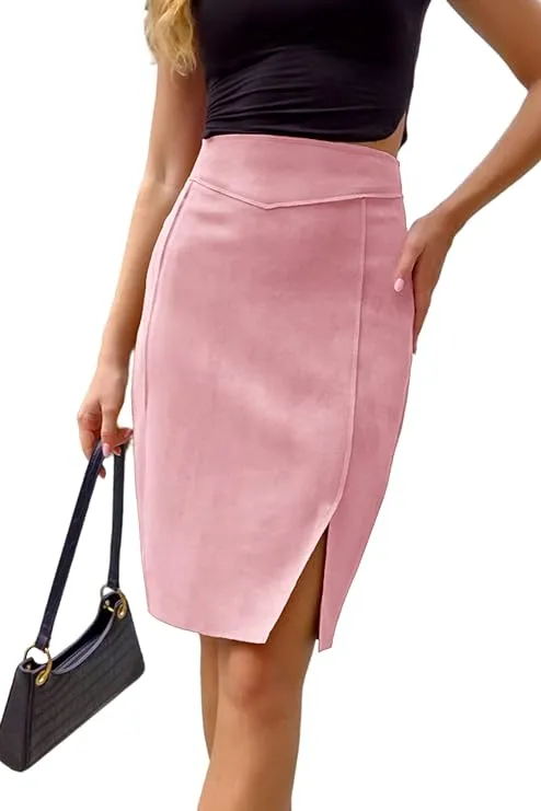 Giolshon Women's Pencil Skirt High Waist Bodycon Faux Suede Side Split Knee Length