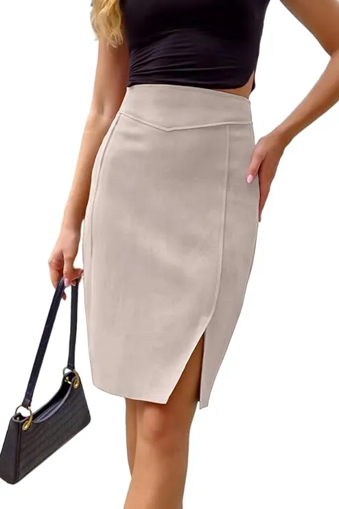Giolshon Women's Pencil Skirt High Waist Bodycon Faux Suede Side Split Knee Length