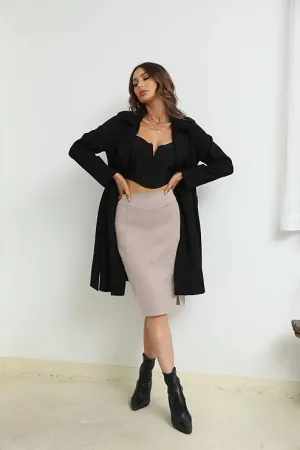 Giolshon Women's Pencil Skirt High Waist Bodycon Faux Suede Side Split Knee Length