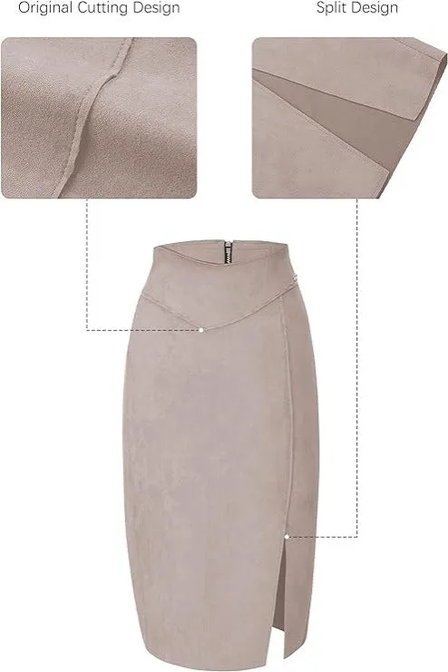 Giolshon Women's Pencil Skirt High Waist Bodycon Faux Suede Side Split Knee Length