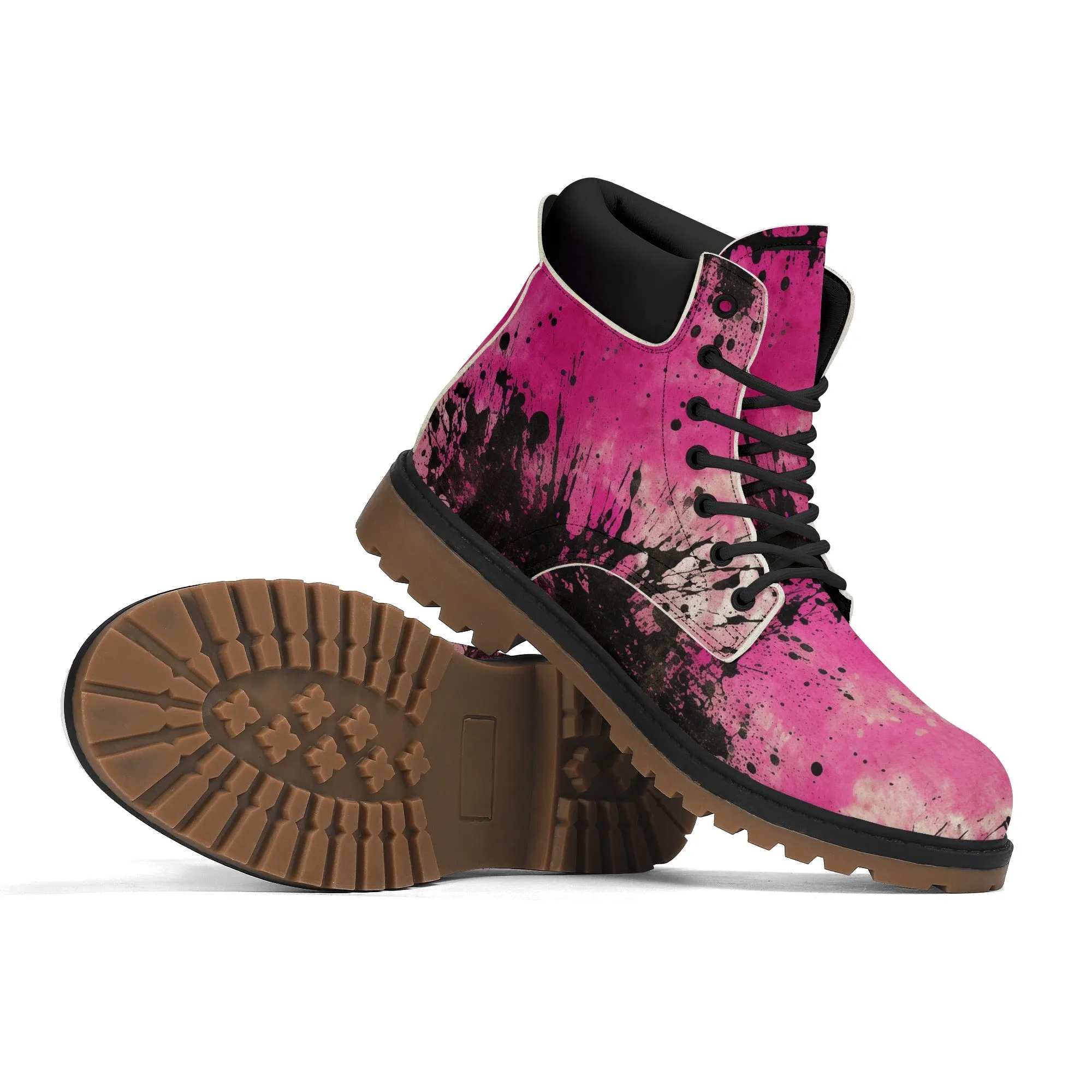 Gothic Pink And Black Leather Brown Outsole All Season Boots