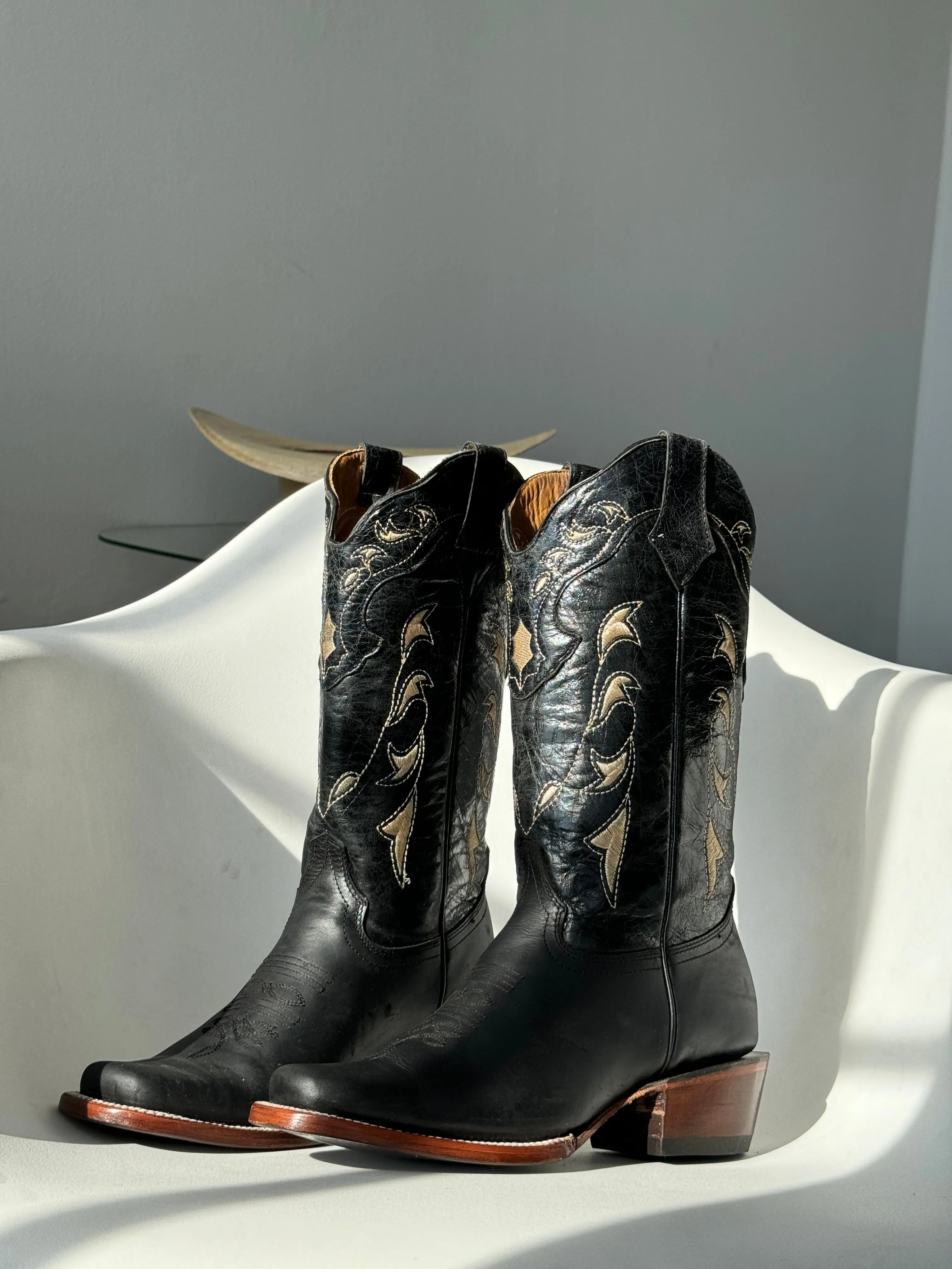 Jamie Genuine Leather Square Toe Cowboy Boot In Taupe & Black