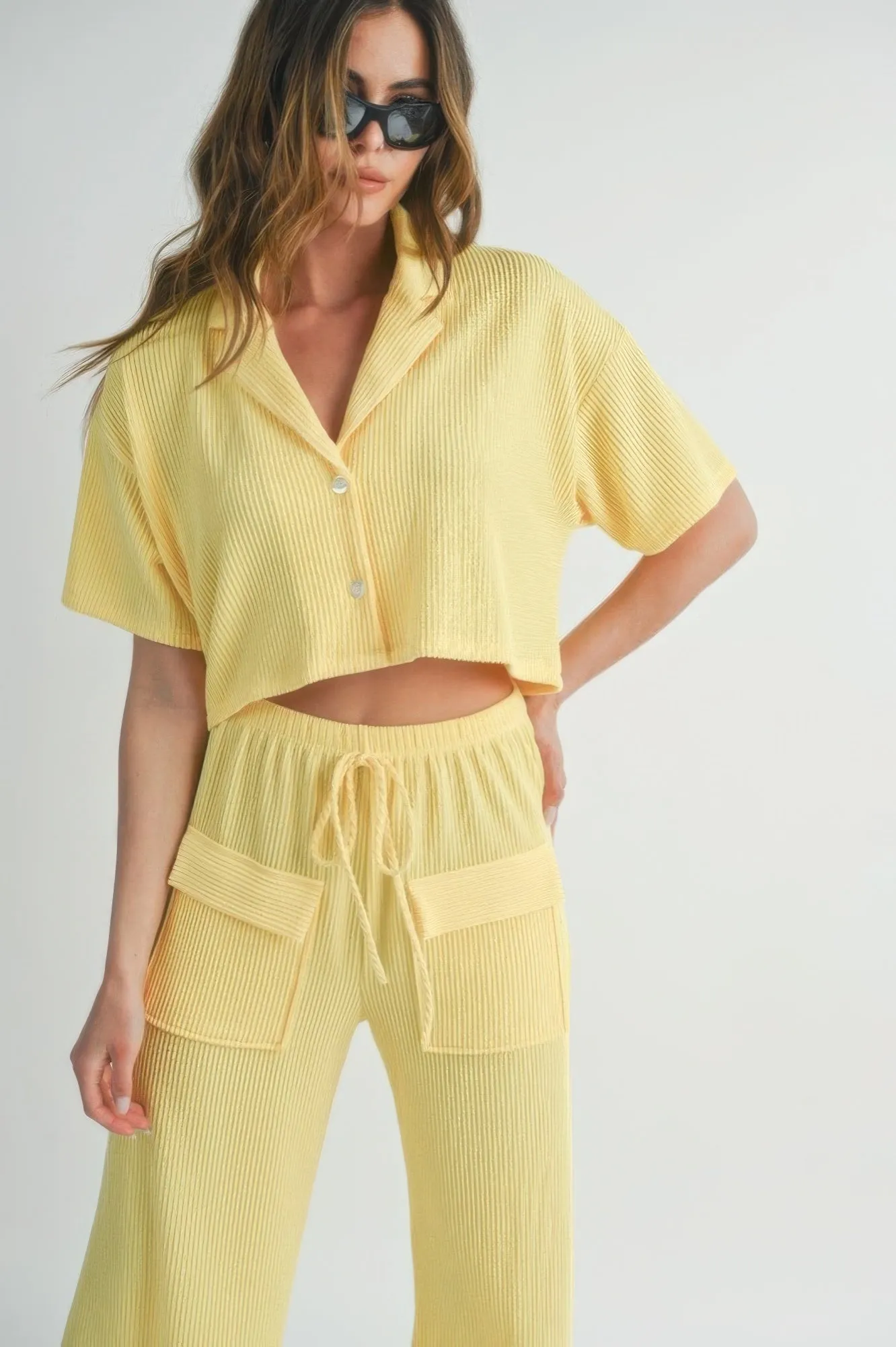 Lemon Drop Short Sleeve Crop Top and Pants Set