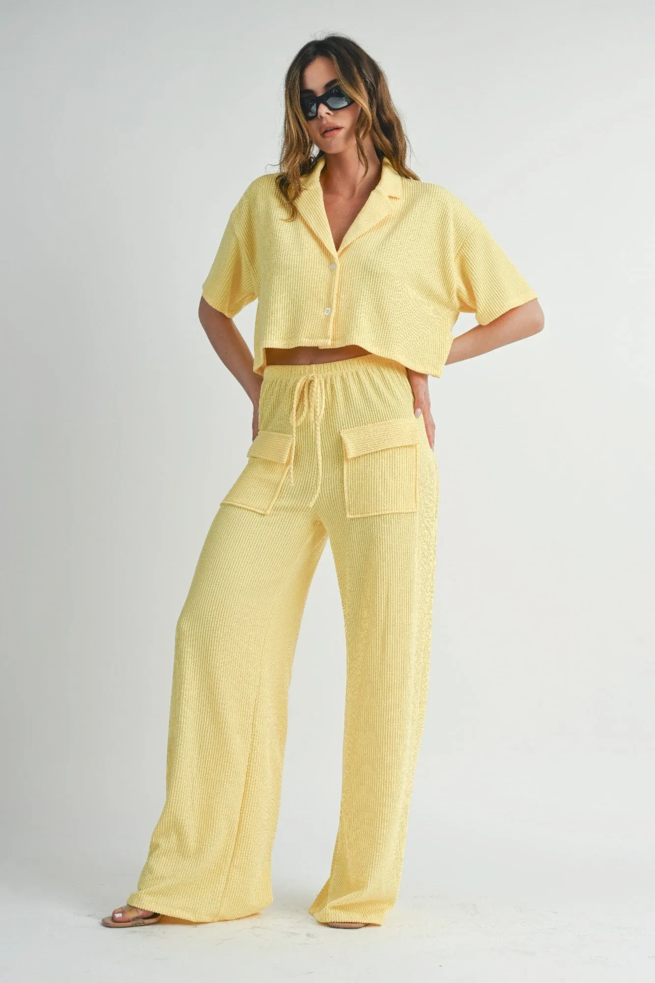Lemon Drop Short Sleeve Crop Top and Pants Set