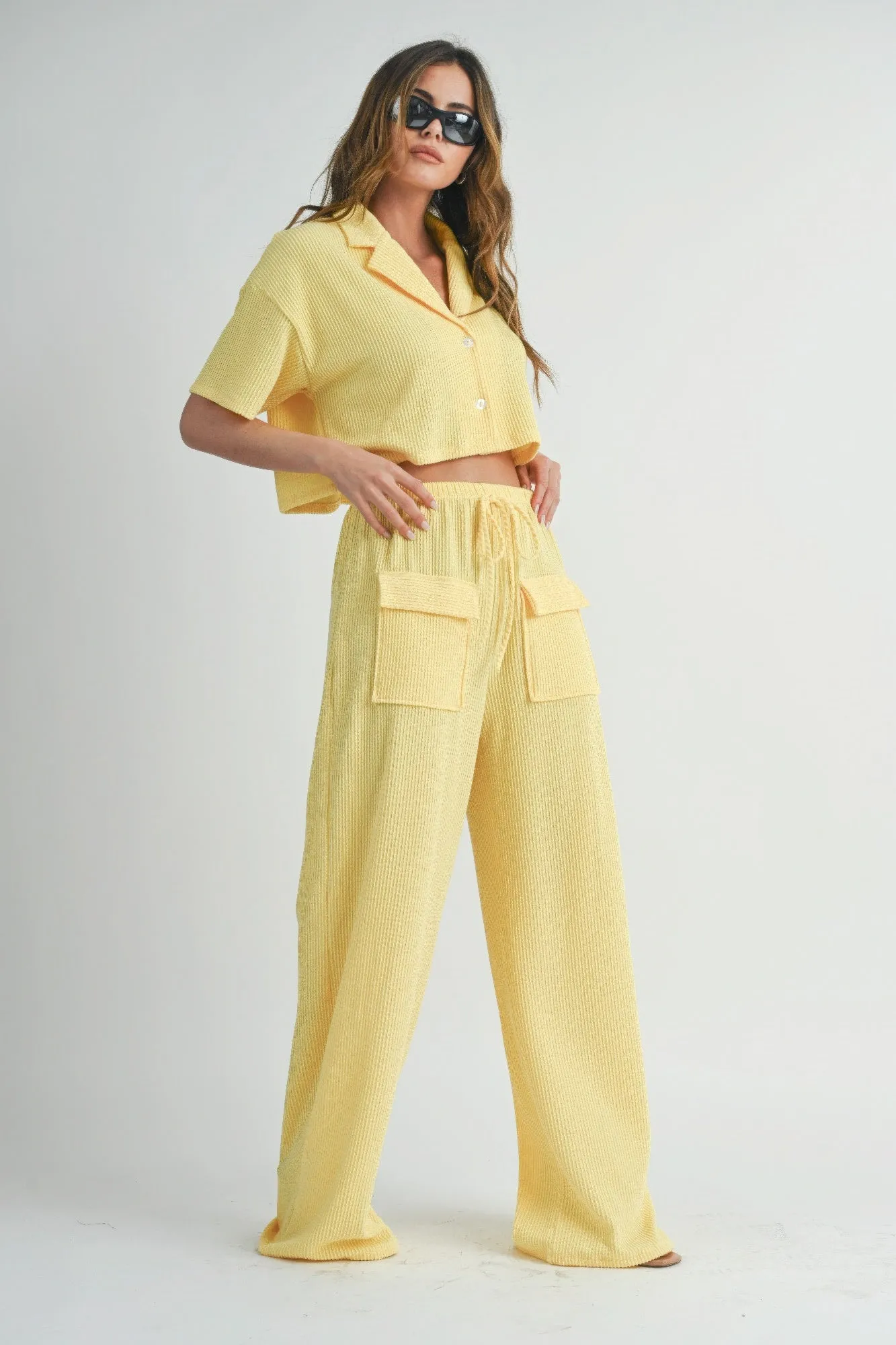 Lemon Drop Short Sleeve Crop Top and Pants Set