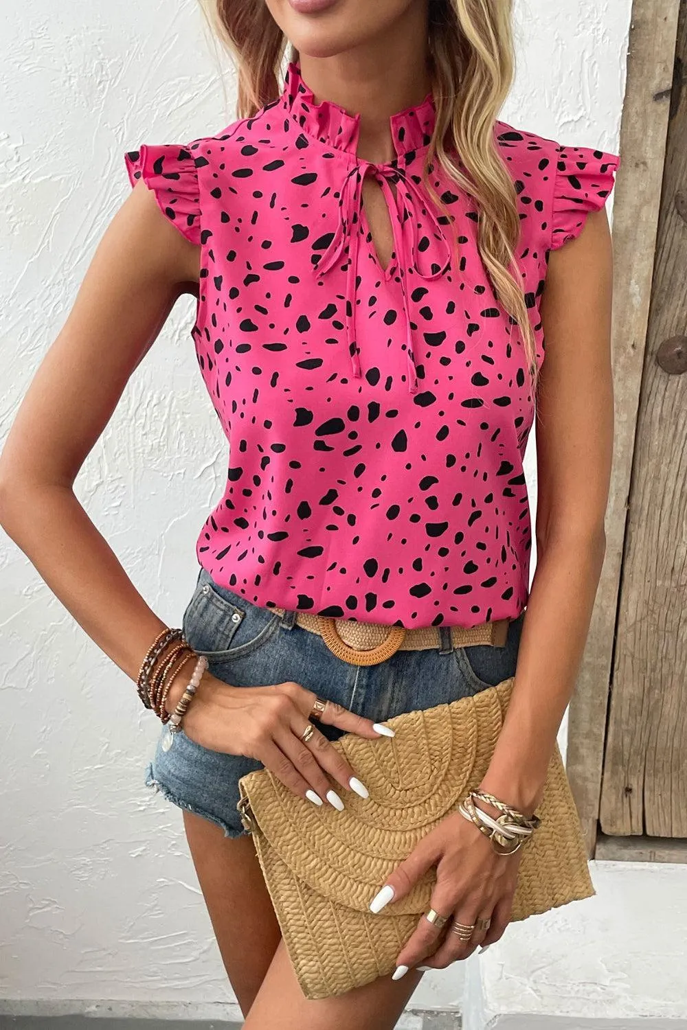 Look Amazing Tie Neck Ruffled Cap Sleeve Blouse