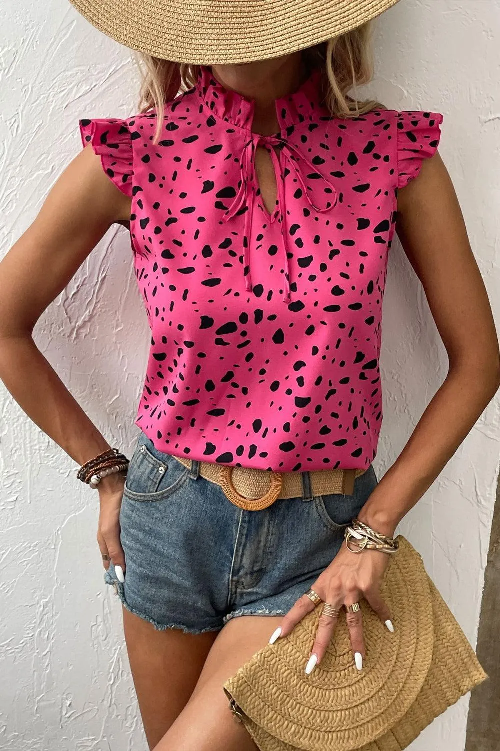 Look Amazing Tie Neck Ruffled Cap Sleeve Blouse
