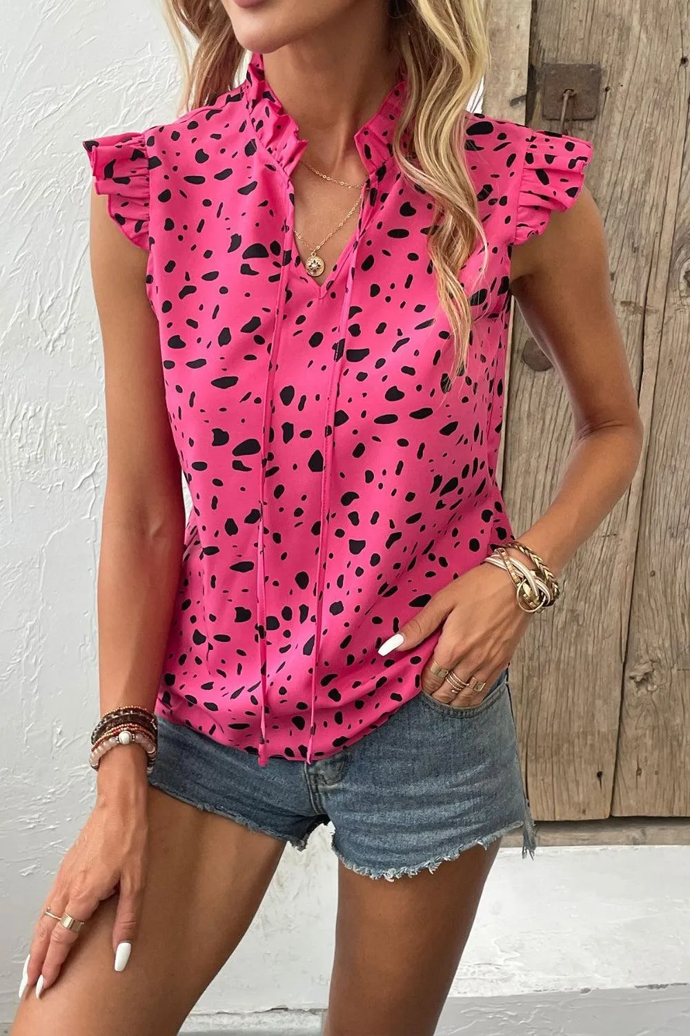Look Amazing Tie Neck Ruffled Cap Sleeve Blouse