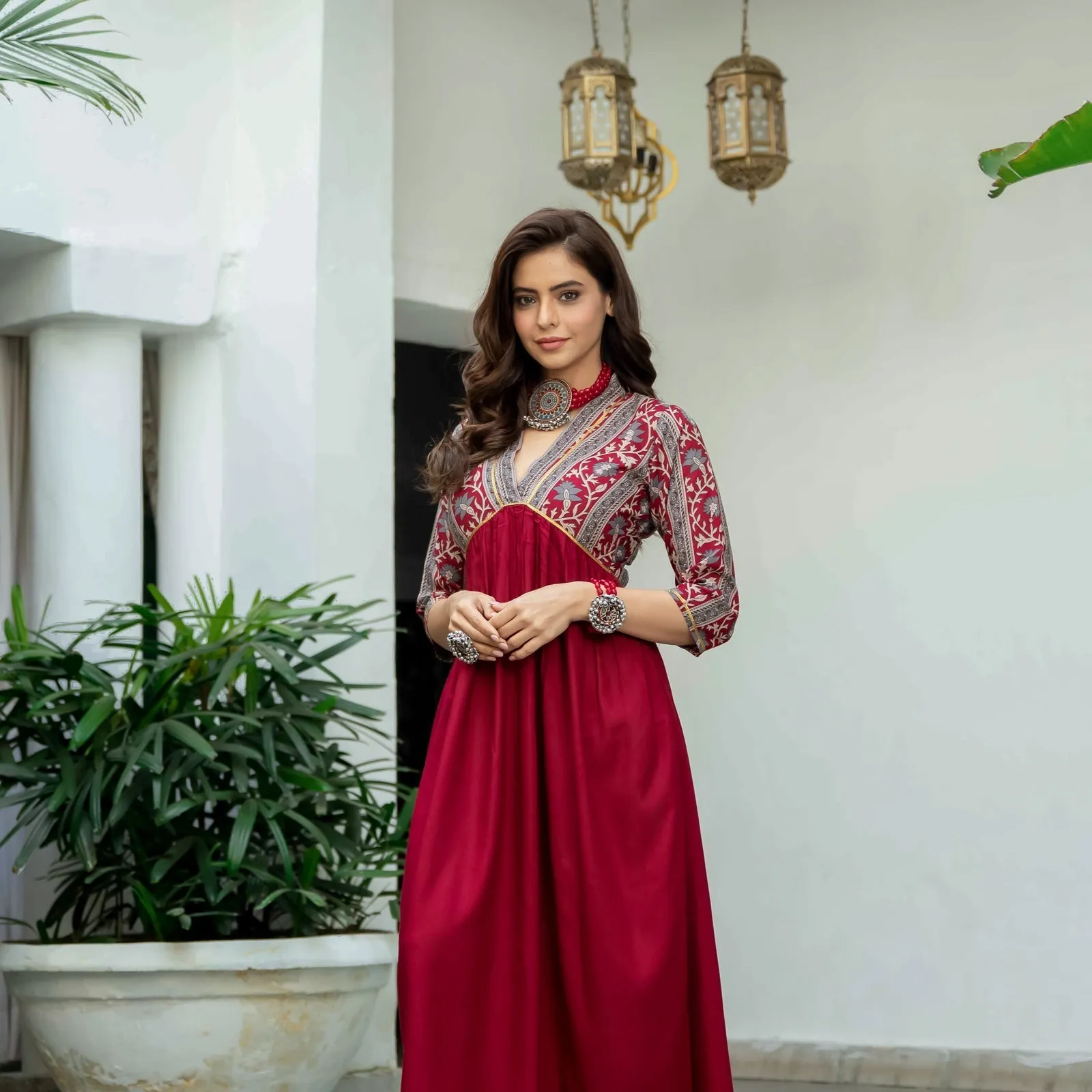 Maroon V Neck Gathered Dress
