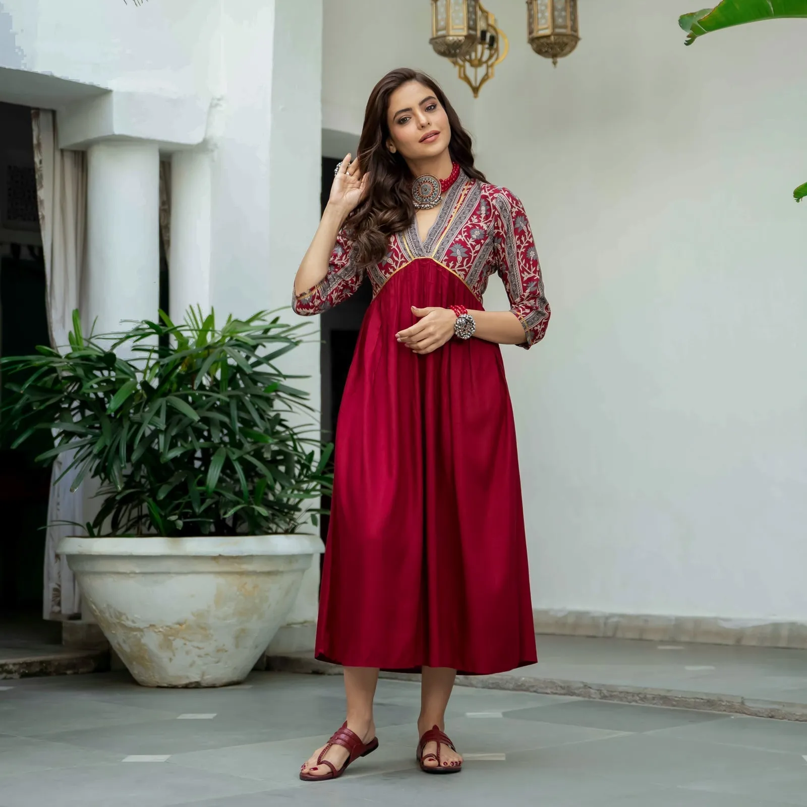 Maroon V Neck Gathered Dress