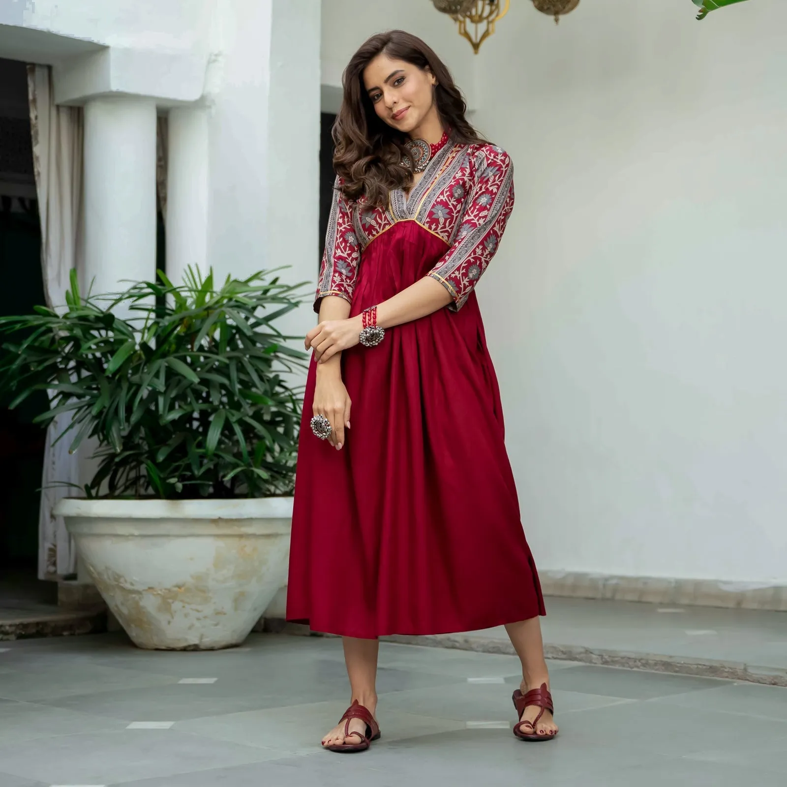 Maroon V Neck Gathered Dress