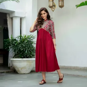 Maroon V Neck Gathered Dress