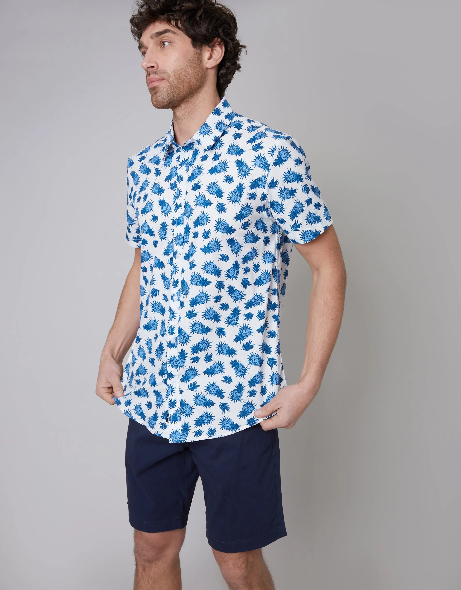 Men's Off White Pineapple Print Short Sleeve Shirt