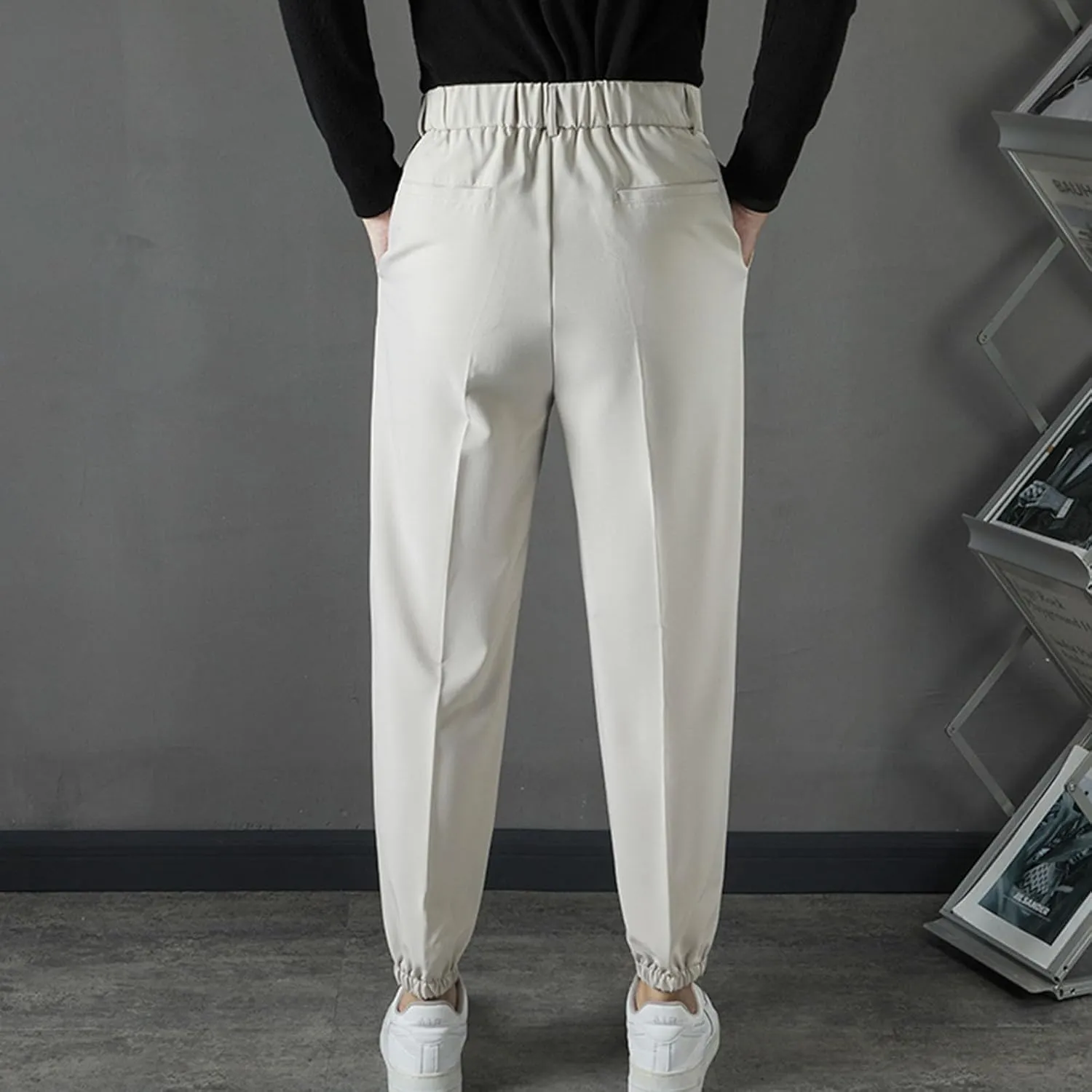Mens Pants Casual Stylish Elastic Waist Flat Front Dress Suit Pant Loose Lightweight Cinch Bottom Trouser with Pocket