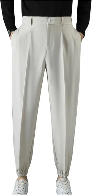Mens Pants Casual Stylish Elastic Waist Flat Front Dress Suit Pant Loose Lightweight Cinch Bottom Trouser with Pocket