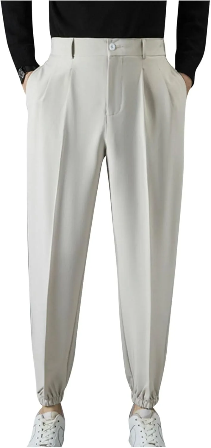 Mens Pants Casual Stylish Elastic Waist Flat Front Dress Suit Pant Loose Lightweight Cinch Bottom Trouser with Pocket