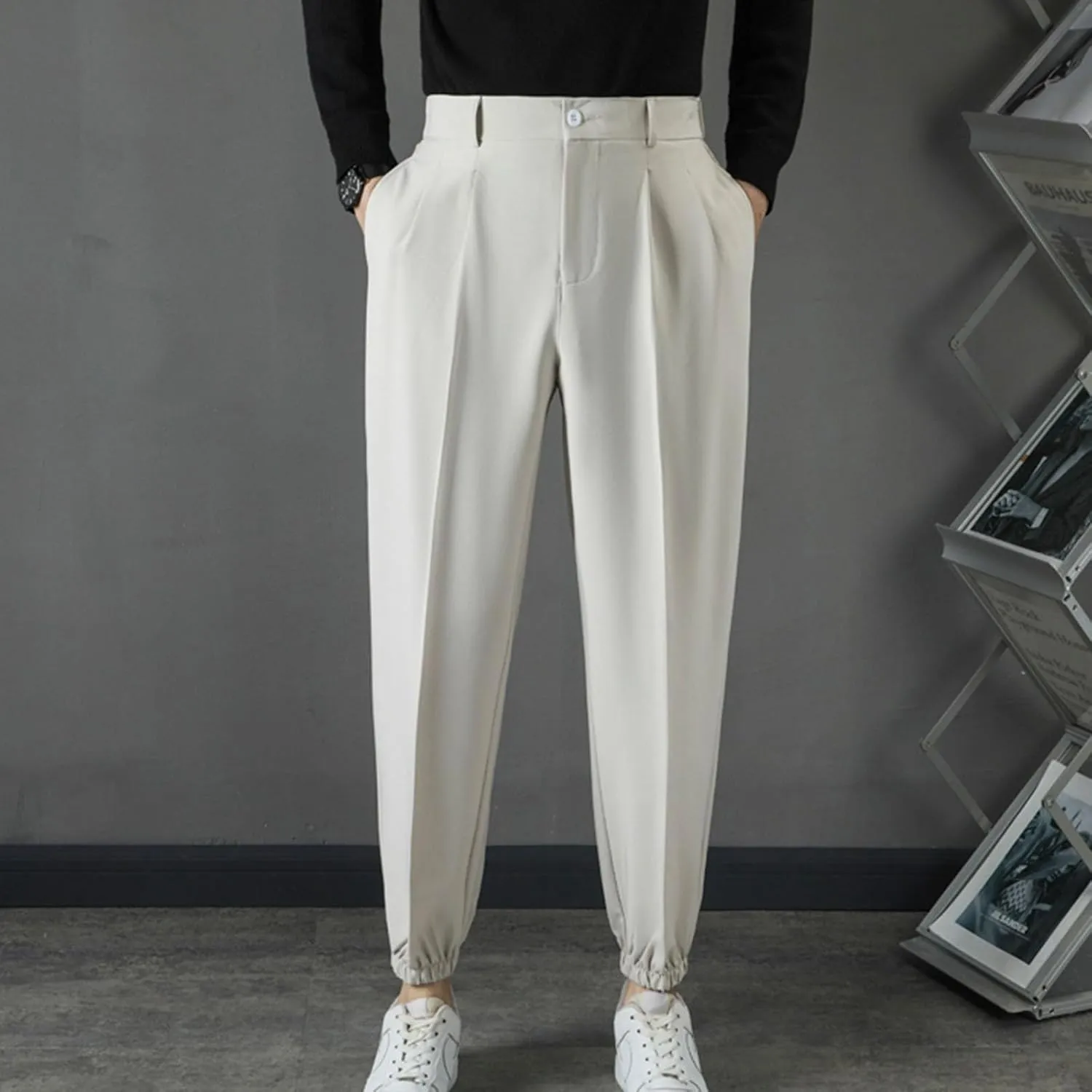 Mens Pants Casual Stylish Elastic Waist Flat Front Dress Suit Pant Loose Lightweight Cinch Bottom Trouser with Pocket