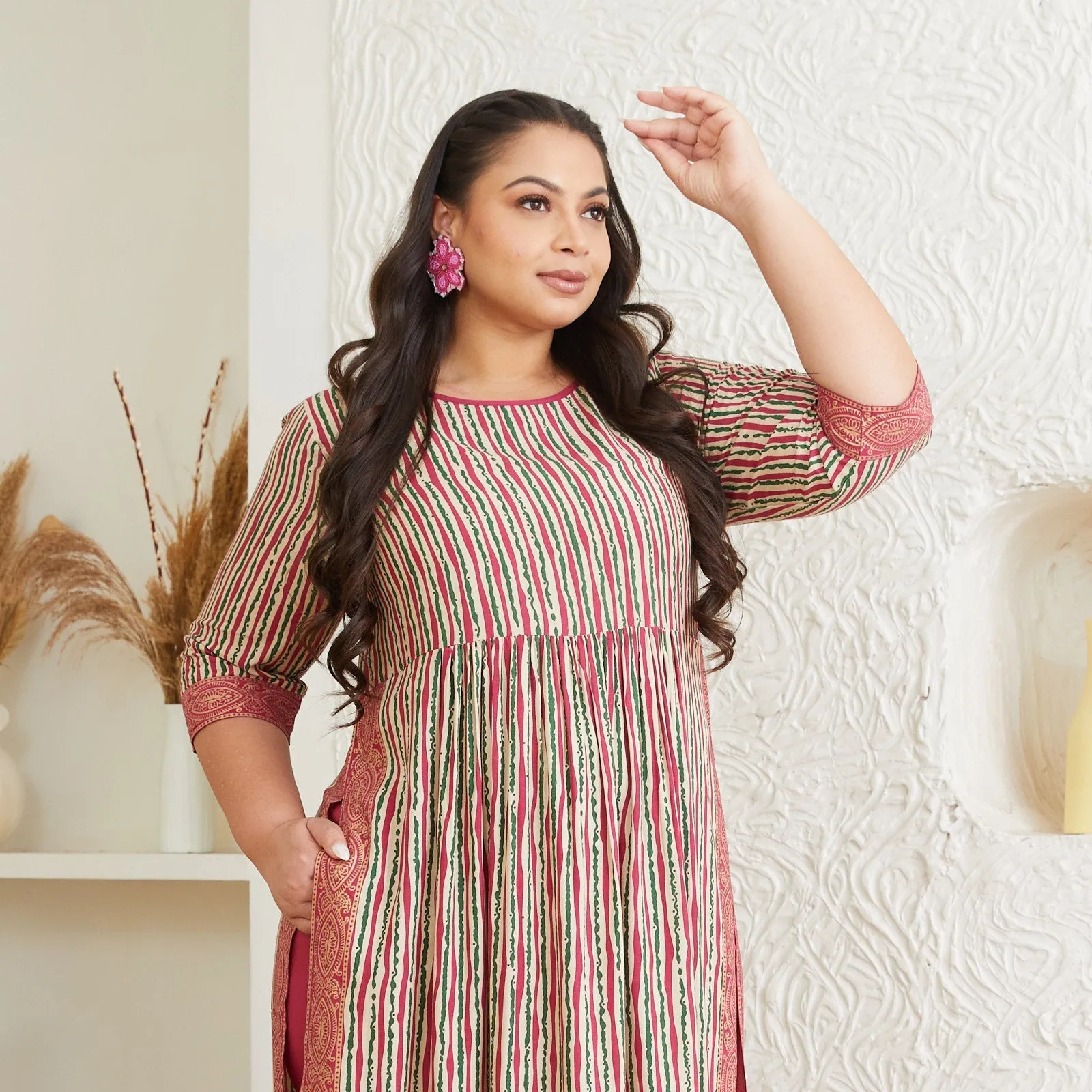 Multicolour Rayon Plus Size Striped Kurta Palazzo Set