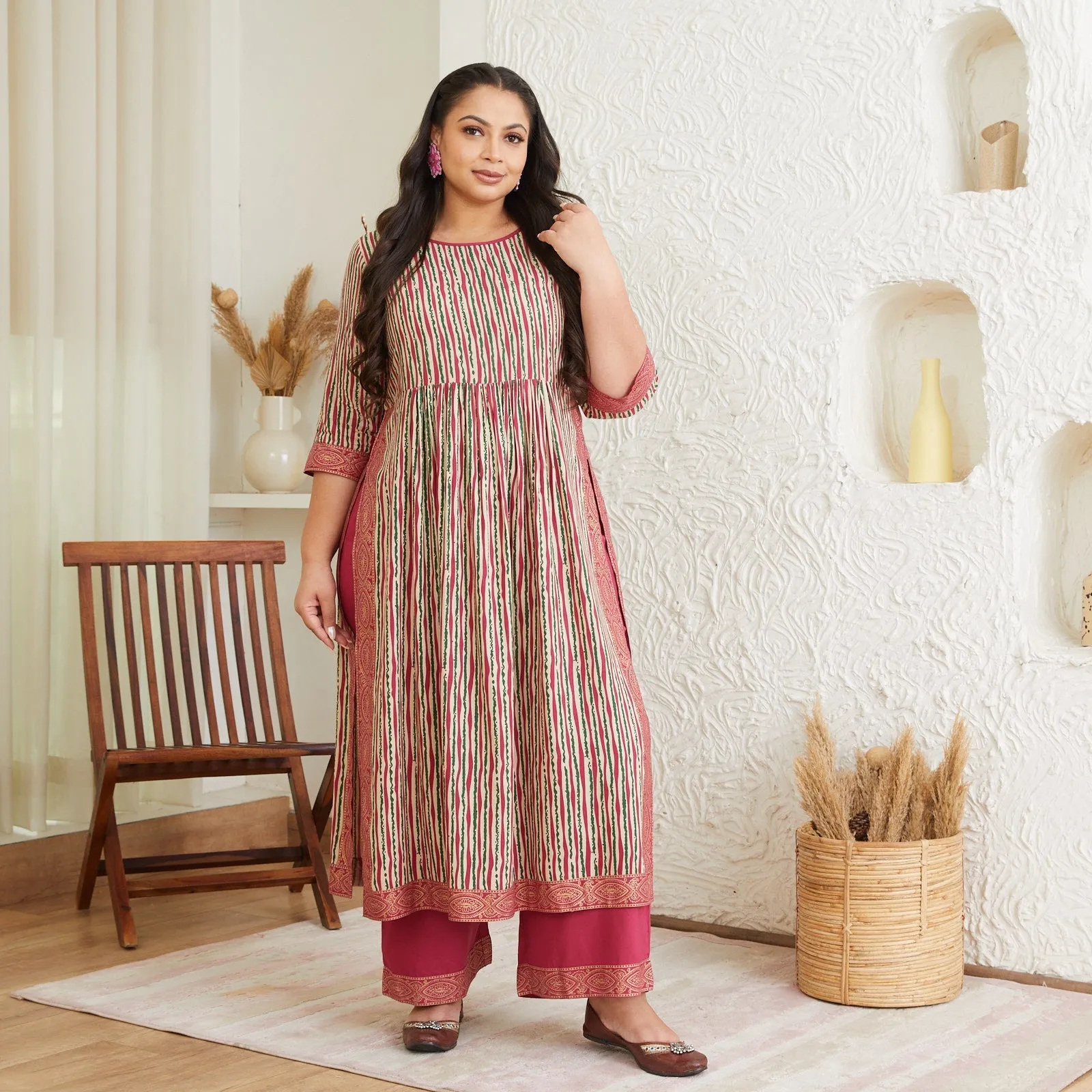 Multicolour Rayon Plus Size Striped Kurta Palazzo Set