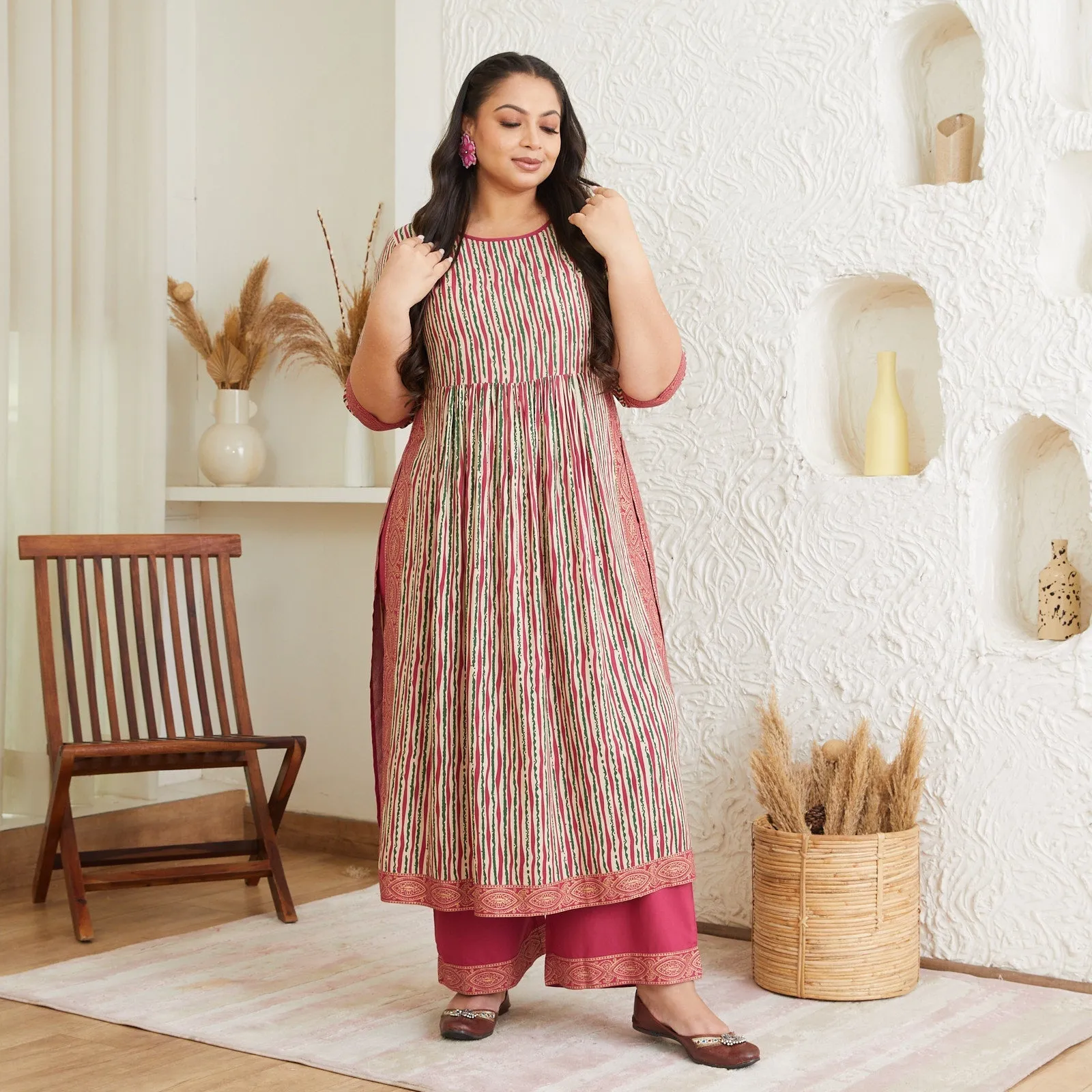 Multicolour Rayon Plus Size Striped Kurta Palazzo Set
