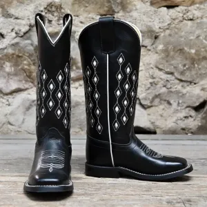Olathe Kid's Tall Top Leather Boot In Black Horsebutt W/White Glove Diamond Inlay