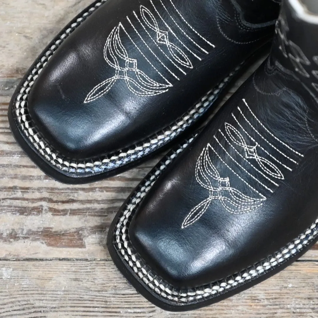 Olathe Kid's Tall Top Leather Boot In Black Horsebutt W/White Glove Diamond Inlay