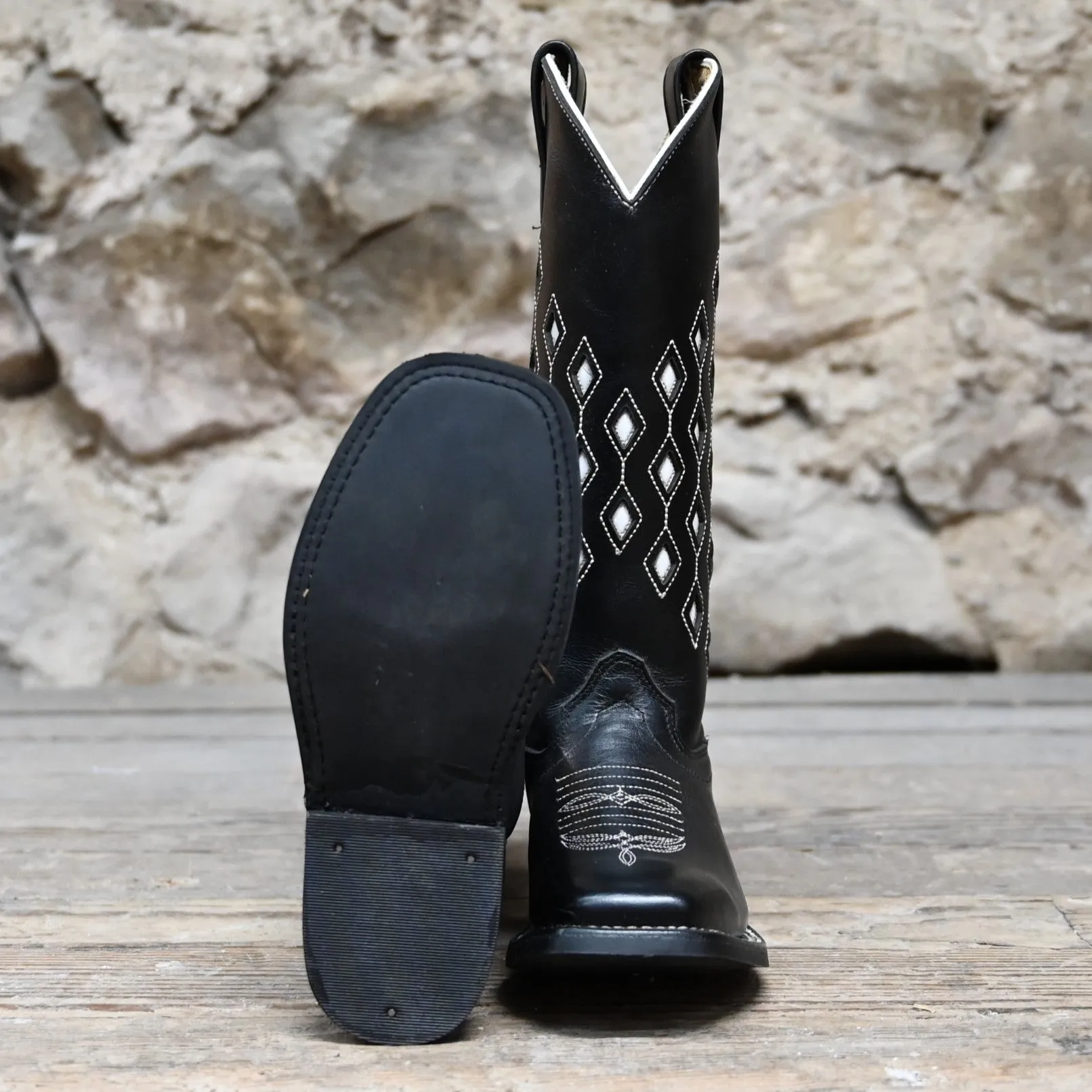 Olathe Kid's Tall Top Leather Boot In Black Horsebutt W/White Glove Diamond Inlay