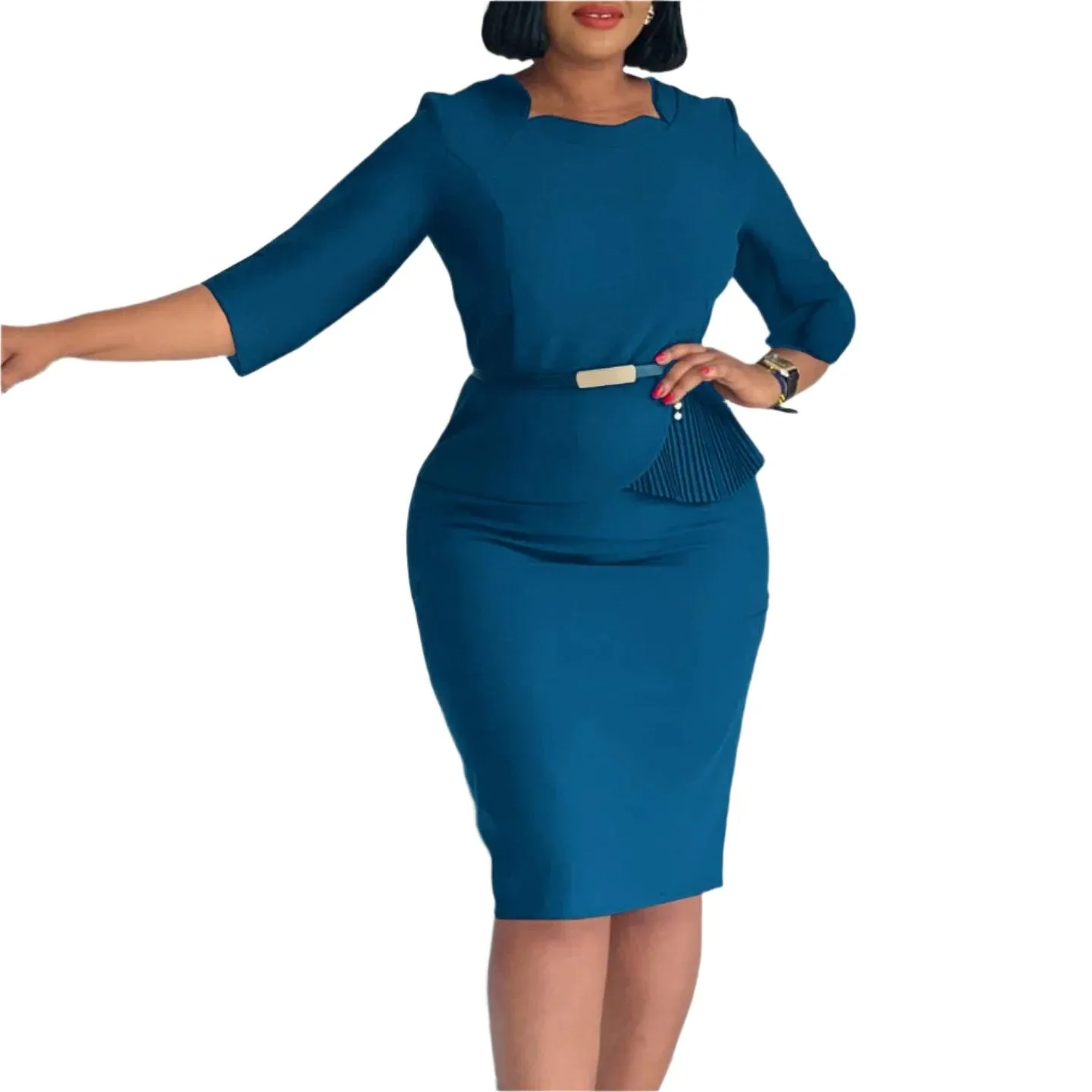 Plus Size Elegant Midi Dress – Spring/Summer Office Lady Bandage Robe
