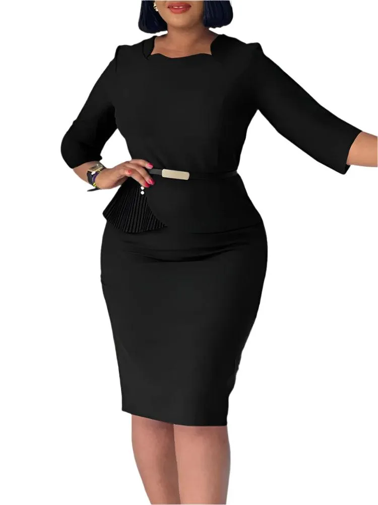 Plus Size Elegant Midi Dress – Spring/Summer Office Lady Bandage Robe
