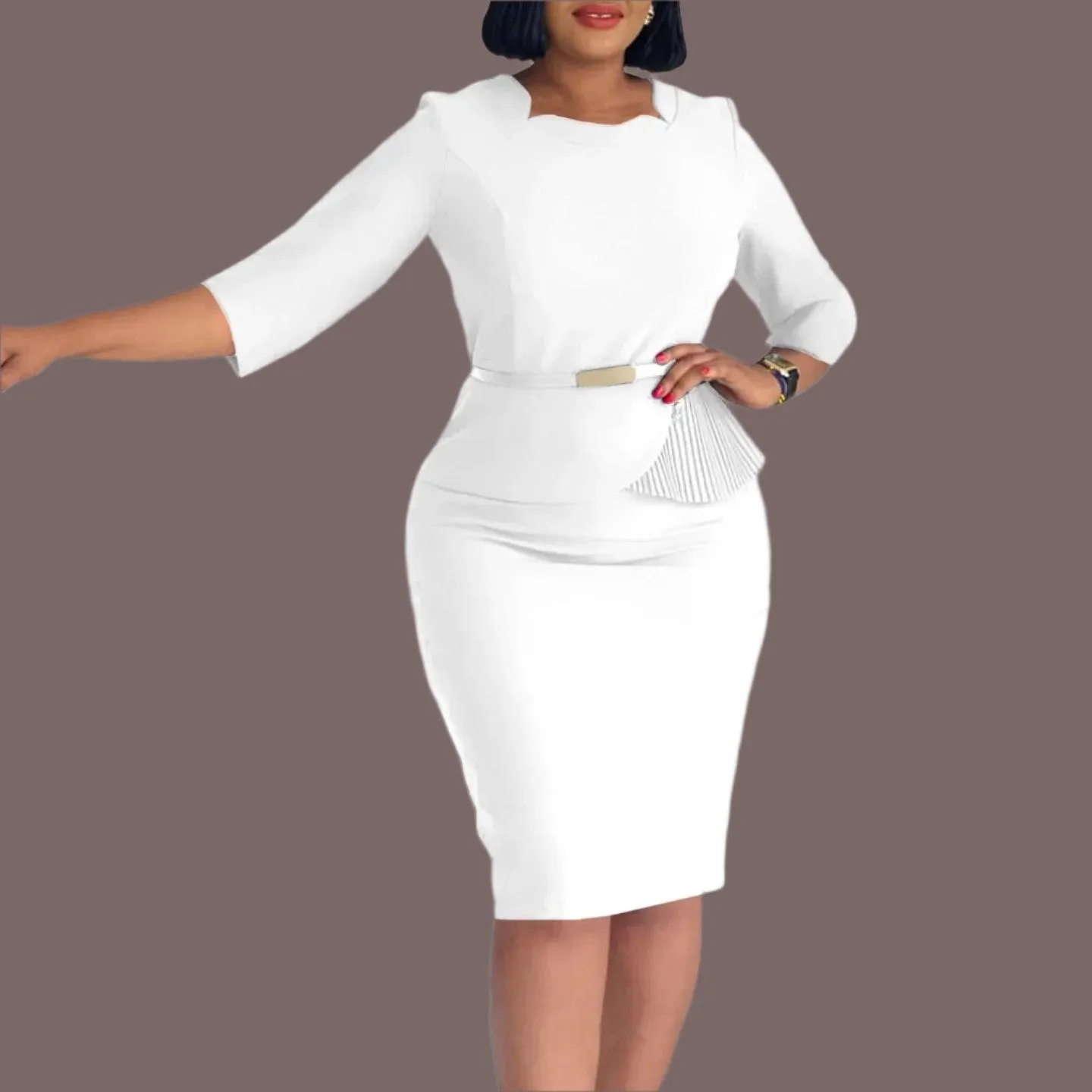 Plus Size Elegant Midi Dress – Spring/Summer Office Lady Bandage Robe