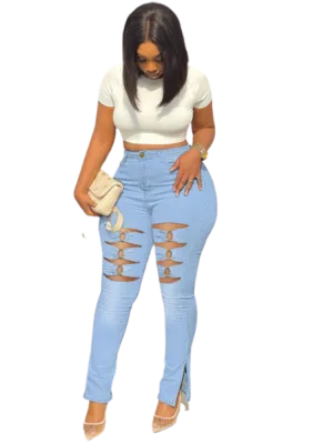 Plus Size Super Stretch Jeans Women High Waist Denim Pencil Pants Fashion Ripped Bottoms Leggings