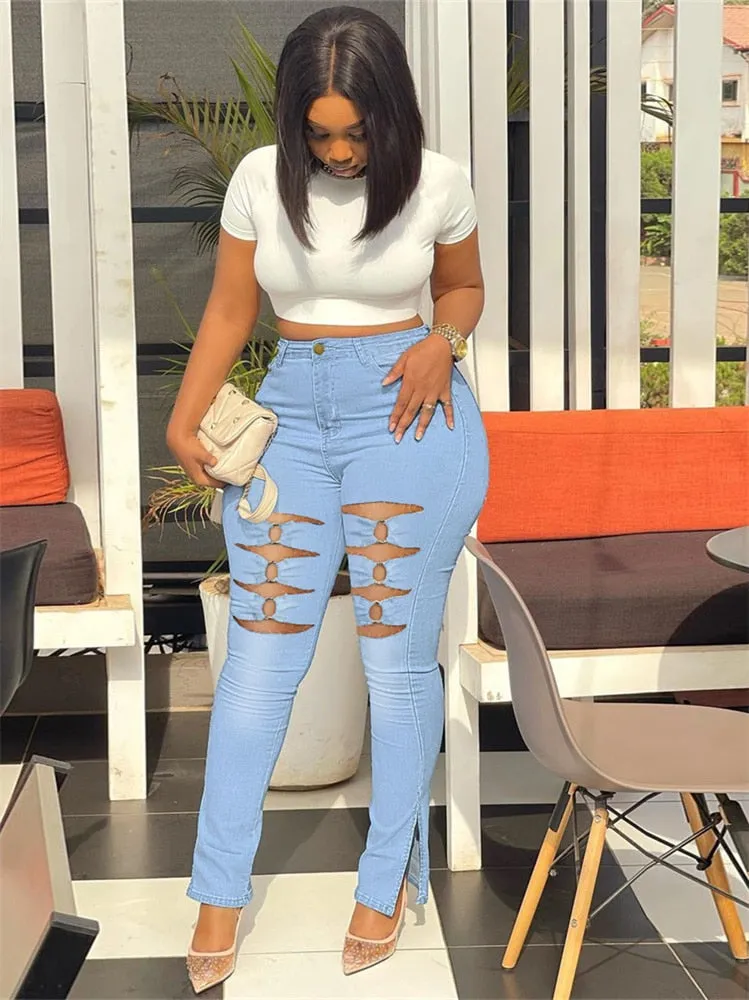 Plus Size Super Stretch Jeans Women High Waist Denim Pencil Pants Fashion Ripped Bottoms Leggings