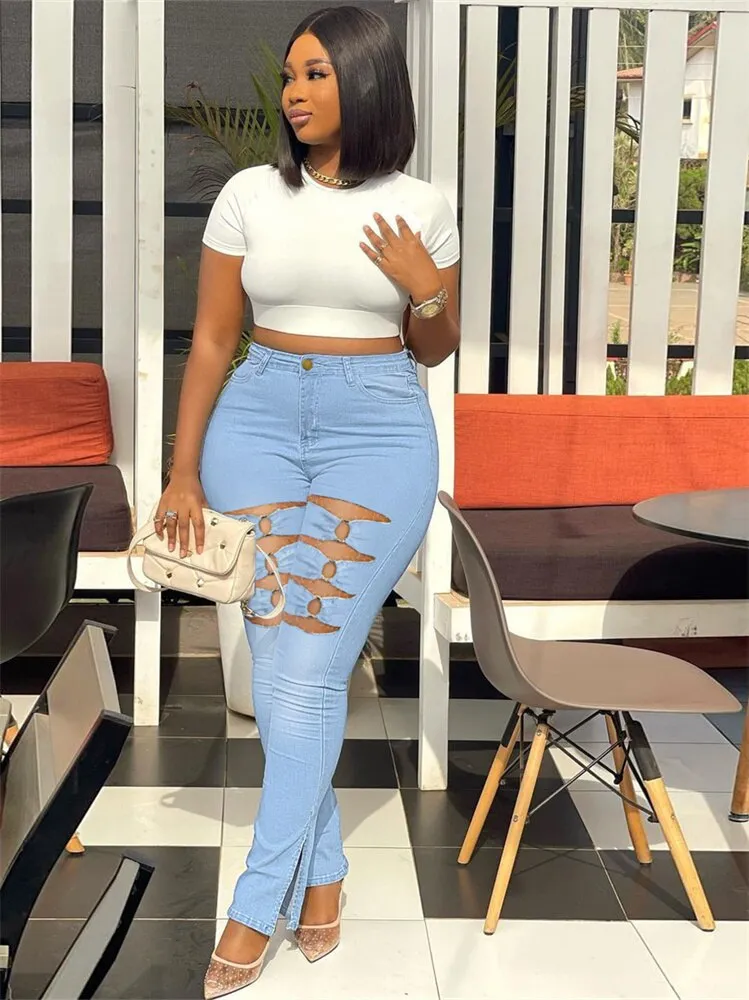 Plus Size Super Stretch Jeans Women High Waist Denim Pencil Pants Fashion Ripped Bottoms Leggings