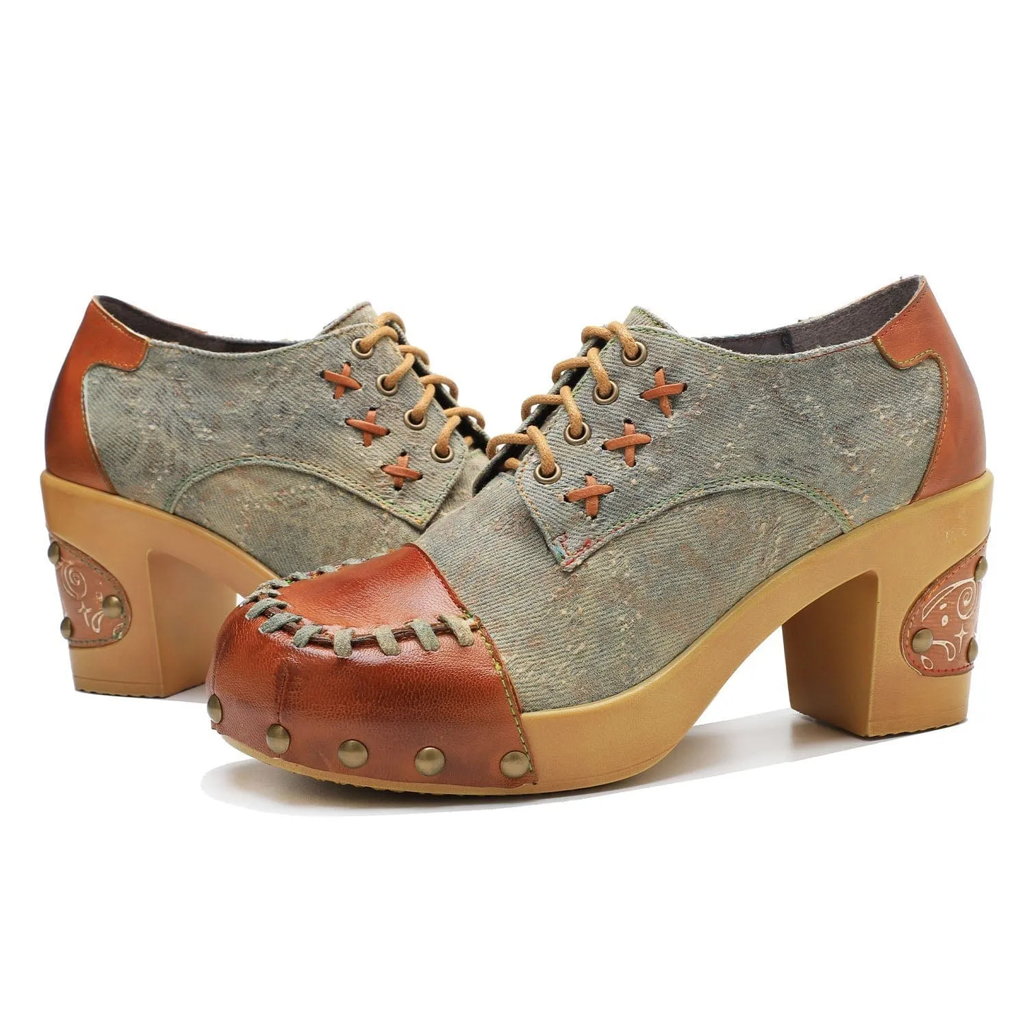 Retro Handmade Rivet Comfort Block Heel Pumps
