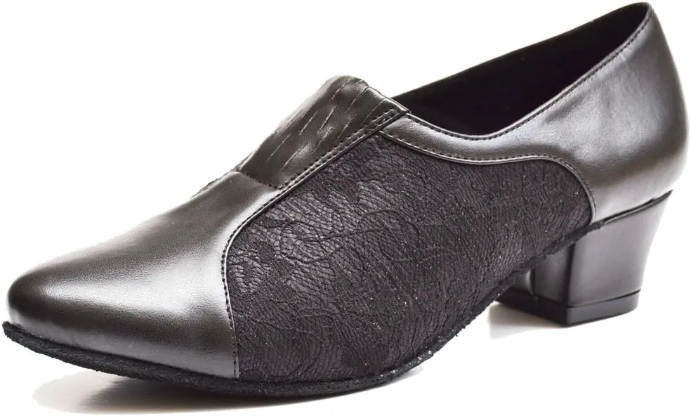 TDA Women's SM1896 Comfort Chunky Heel Lace Leather Salsa Tango Ballroom Latin Modern Dance Shoes