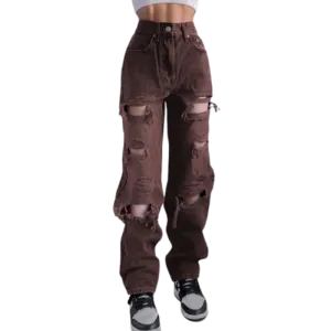 Trendy Streetwear Fashion Brown Blue Ripped Vintage Woman's Distressed Jeans High Waist Hole Hip Hop Straight Denim Trousers for Ladies