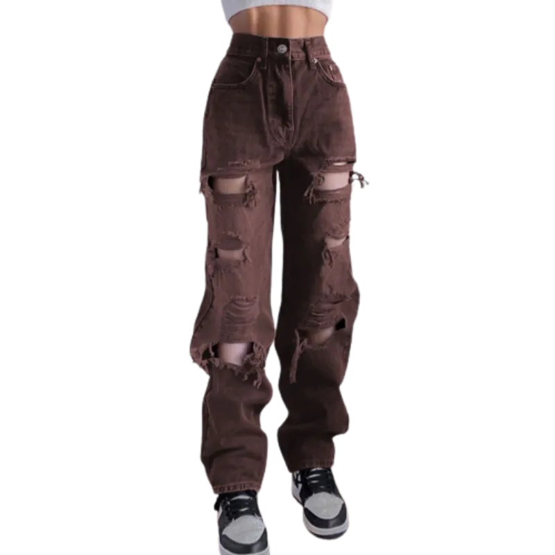 Trendy Streetwear Fashion Brown Blue Ripped Vintage Woman's Distressed Jeans High Waist Hole Hip Hop Straight Denim Trousers for Ladies