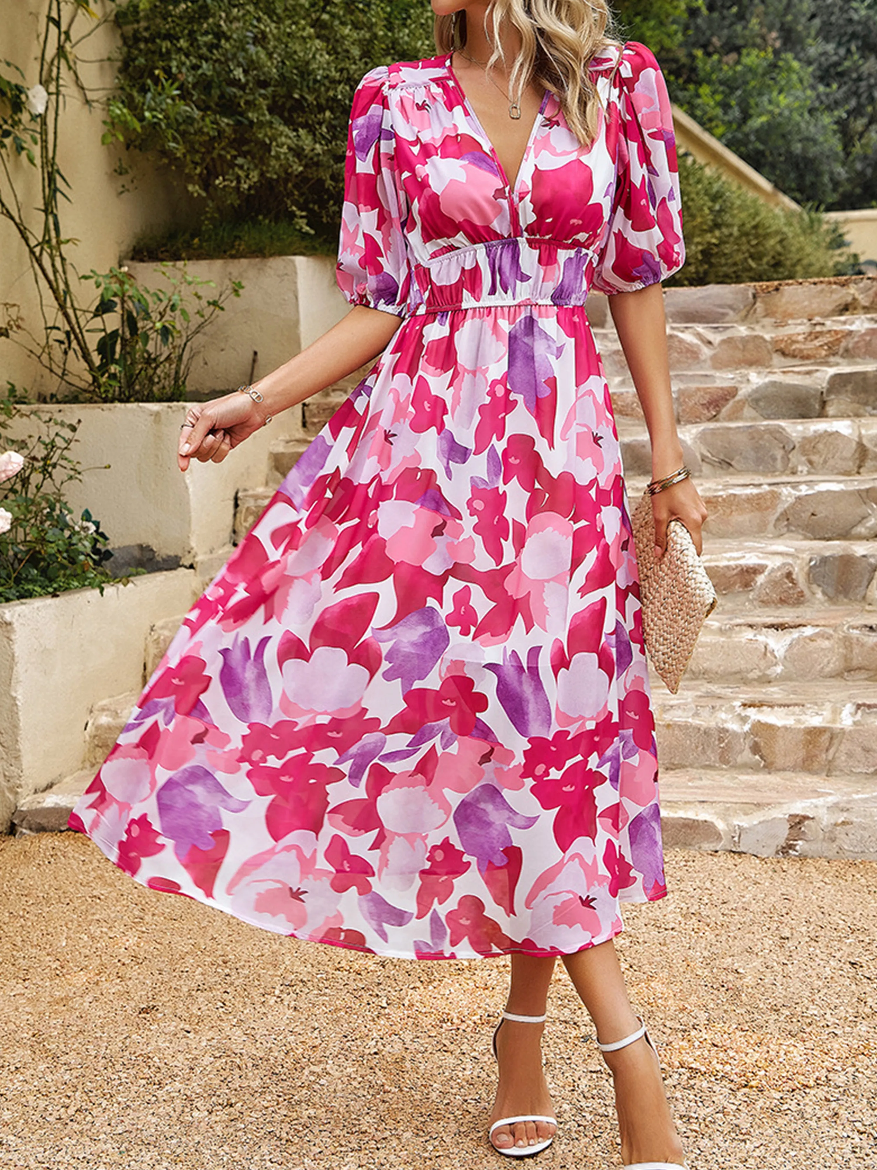 V Neck Ankle Length Short Sleeves Pink Wedding Guest Dress