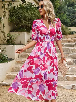 V Neck Ankle Length Short Sleeves Pink Wedding Guest Dress