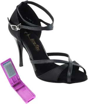 Very Fine Dance Shoes - Ladies Latin, Rhythm, Salsa, Waltz Ballroom Dance Shoes - 2829LEDSS - 3.5-inch Heel and Foldable Brush Bundle - Black Satin - Black Trim - 9