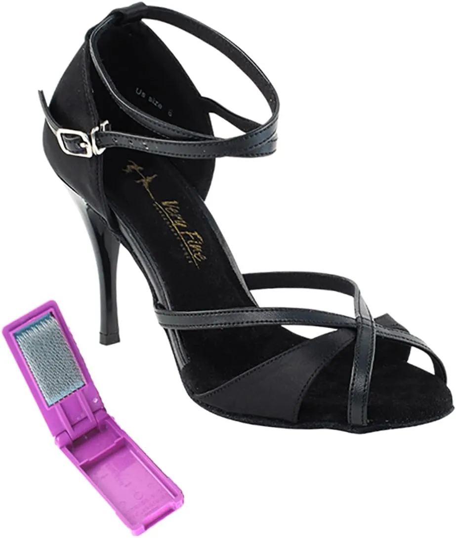 Very Fine Dance Shoes - Ladies Latin, Rhythm, Salsa, Waltz Ballroom Dance Shoes - 2829LEDSS - 3.5-inch Heel and Foldable Brush Bundle - Black Satin - Black Trim - 9