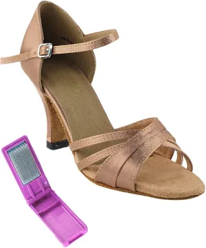Very Fine Dance Shoes - Ladies Latin, Rhythm, Salsa, Waltz Ballroom Dance Shoes - 6030-2.5-inch Heel and Foldable Brush Bundle - Brown Satin - 7.5