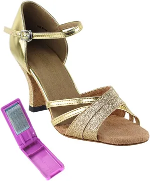 Very Fine Dance Shoes - Ladies Latin, Rhythm, Salsa, Waltz Ballroom Dance Shoes - 6030-2.5-inch Heel and Foldable Brush Bundle - Gold Stardust - Gold Leather - 5