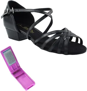 Very Fine Dance Shoes - Ladies Practice, Cuban Low Heel, Waltz, Wedding Dance Shoes - 1670FT - 1-inch Heel and Foldable Brush Bundle - Black PU - 6