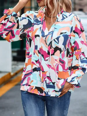 Vibrant Abstract Print Tie Neck Long Sleeve Blouse