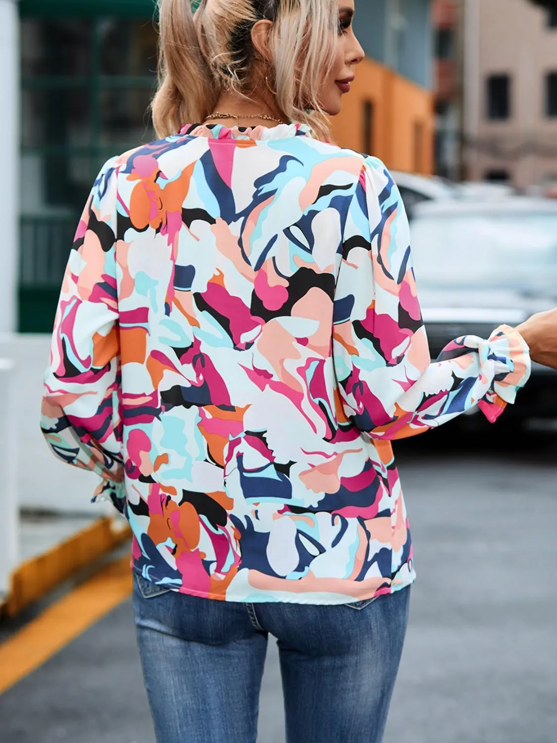 Vibrant Abstract Print Tie Neck Long Sleeve Blouse